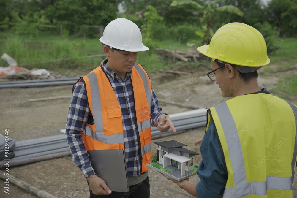 Professional architect engineer with hard hat and blueprint at building construction site house building permit background. Architects looking at blueprints. Construction and engineering industry Professional architect engineer with hard hat and blueprint at building construction site house building permit background. Architects looking at blueprints. Construction and engineering industry