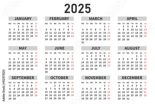 Classic horizontal calendar 2025 in English. Days, weeks and months. Print, vector