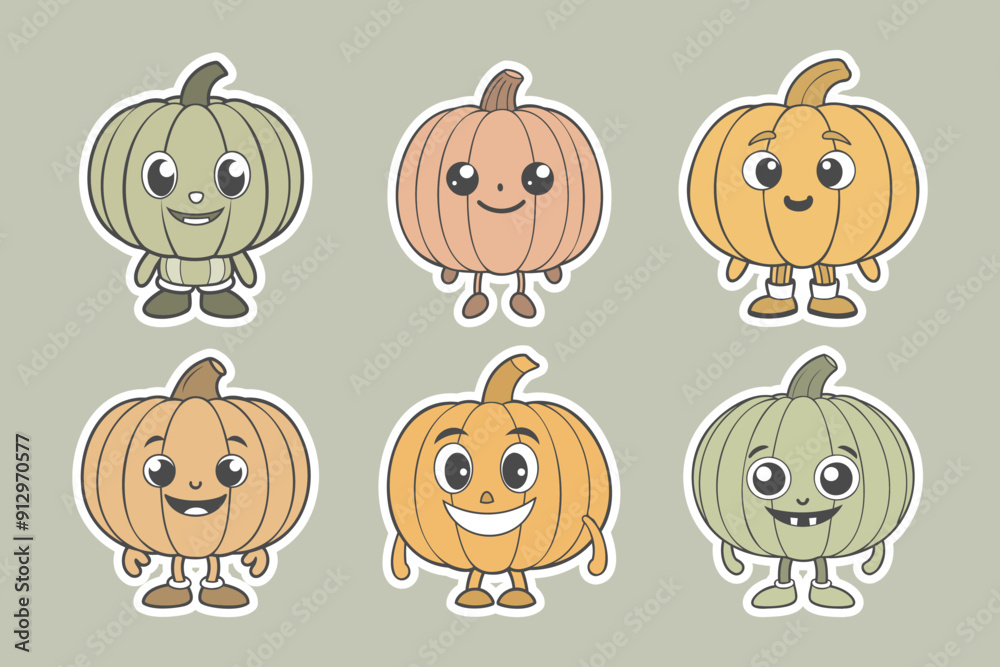 Set of cute pumpkin characters in pastel autumn colors. Kids stickers. Illustration Set of cute pumpkin characters in pastel autumn colors. Kids stickers. Illustration