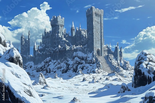 Frosty Fortress: An Animated Snowscape with Icy Citadels and Towers, Emblematic of Winter's Majestic Reign. photo