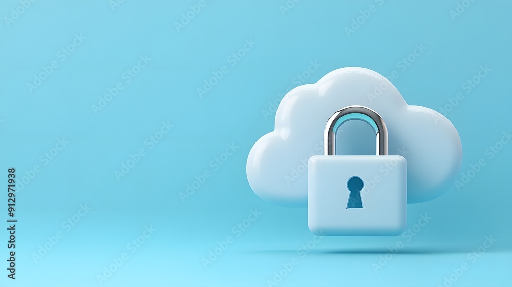 Cloud data security concept with a lock symbol on a blue background, representing secure online storage and protection. Cloud data security concept with a lock symbol on a blue background, representing secure online storage and protection.