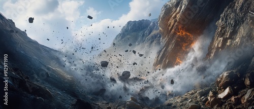 Sudden landslide crashing down a mountainside with rocks and earth in chaotic motion photo