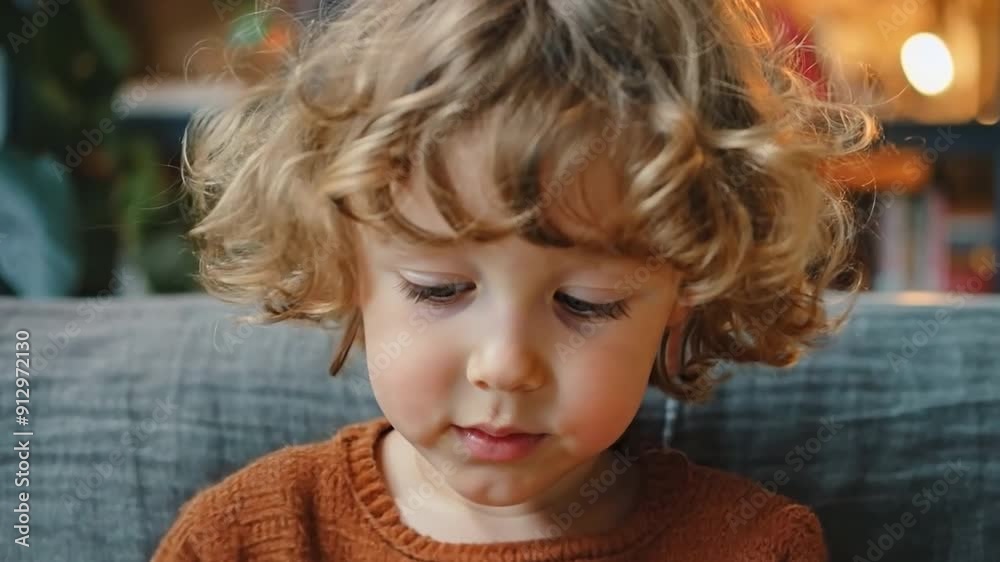 Adorable child playing with a tablet while seated on a sofa in a warm living room
Adorable child playing with a tablet while seated on a sofa in a warm living room