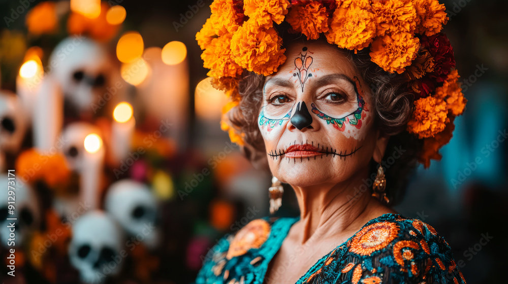 Elderly Woman Celebrating Día de Muertos with Traditional Face Paint Elderly Woman Celebrating Día de Muertos with Traditional Face Paint
