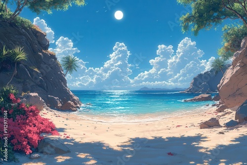 futuristic tropical beach scene in manga style pristine sand and clear waters juxtaposed with subtle hightech elements serene atmosphere with a hint of scifi photo