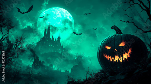 Spooky Halloween scene with haunted castle and glowing pumpkin