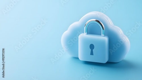 Cloud security concept with a cloud and padlock symbolizing data protection and privacy on a light blue background.