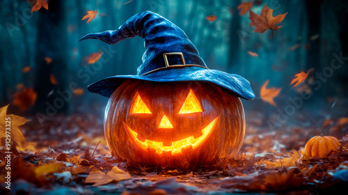 Glowing Jack-o'-Lantern in Witch Hat Amidst Falling Autumn Leaves