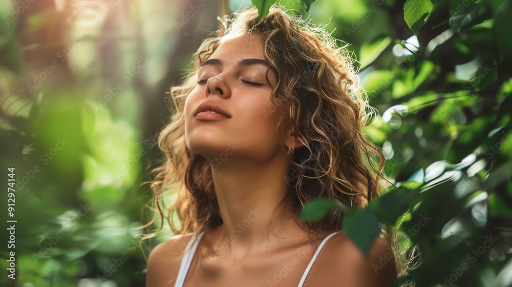 a beautiful woman closes her eyes with a green garden in the background a beautiful woman closes her eyes with a green garden in the background