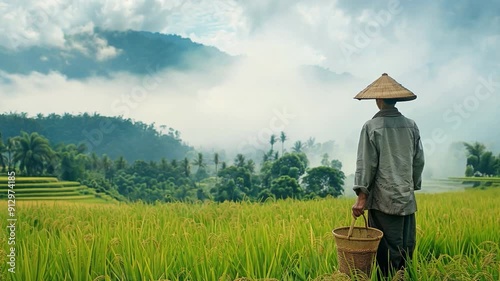 An agriculturalist laboring in a rice field, dressed traditionally, surrounded by verdant paddies 
 photo