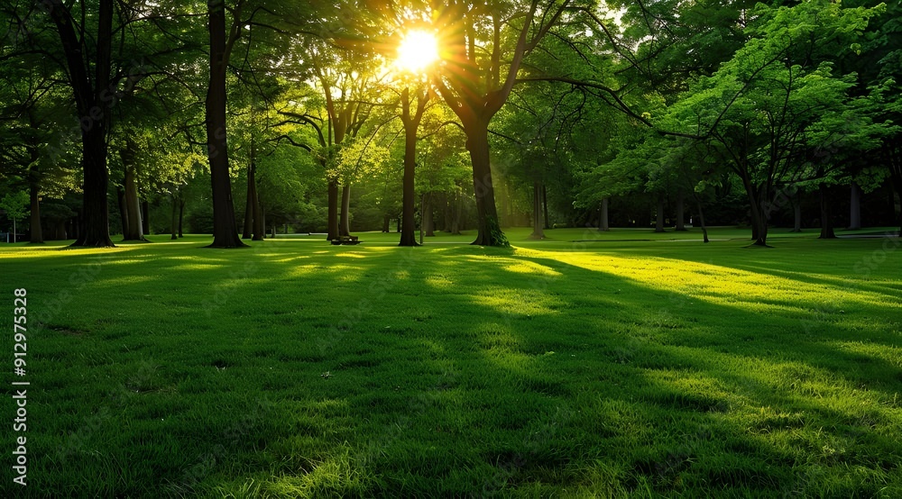 Fototapeta premium Serene green trees park with sunlight, Sunlight filters through the trees park.