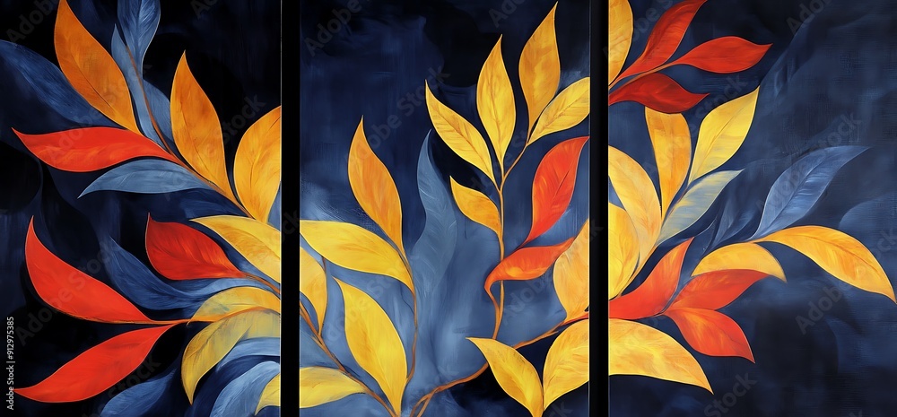 A three-panel botanical artwork A three-panel botanical artwork