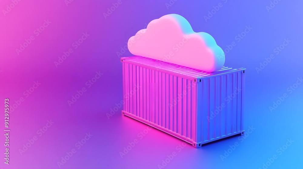Fototapeta premium Colorful 3D rendering of a cloud computing container, combining cloud technology and containerization in a vibrant abstract design.