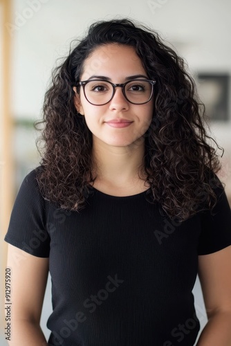 Hispanic beauty radiates. Dimples charm. Glasses frame expressive eyes. Hands nestle in pockets. Emotion illuminates face. Portrait captures essence. Confidence shines through.