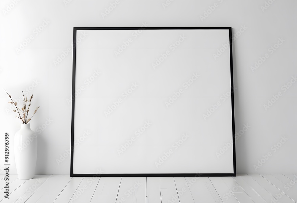 A blank white framed canvas on a white shelf with a small vase A blank white framed canvas on a white shelf with a small vase