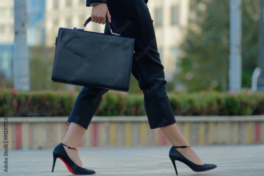 Fototapeta premium A woman wearing black pants and high heels is walking down a sidewalk with a black briefcase. Concept of professionalism and sophistication, as the woman is dressed in business attire