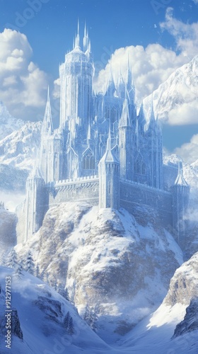 Frosty Fortress: An Animated Snowscape with Icy Citadels and Towers, Emblematic of Winter's Majestic Reign.