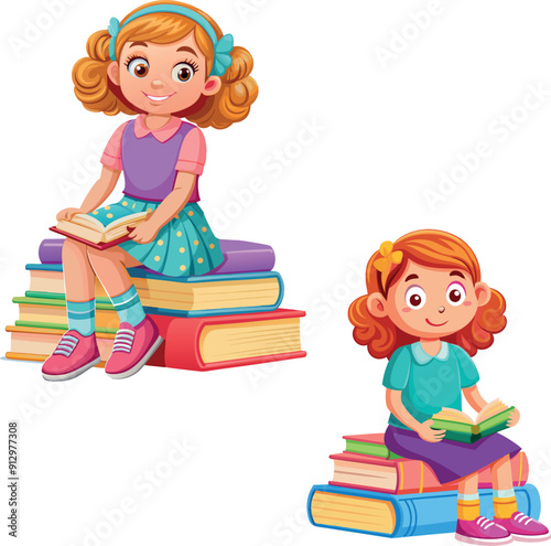 Cute girl reading a book sitting on a pile of books