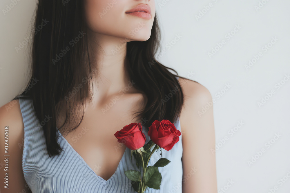 A woman with long dark hair wearing a light blue dress holds two red roses in front of her chest, standing against a plain background with a calm and peaceful expression. A woman with long dark hair wearing a light blue dress holds two red roses in front of her chest, standing against a plain background with a calm and peaceful expression.