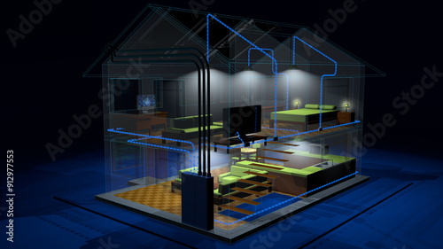 Night view of two-story house with transparent walls and lights on showing operation of solar panel electrical system. 3D Illustration