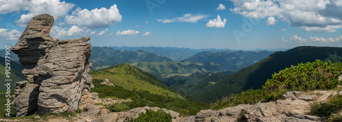 Panoramic view of Eared Stone, Vukhatii Mountain, Carpathian Mountains, Monte...