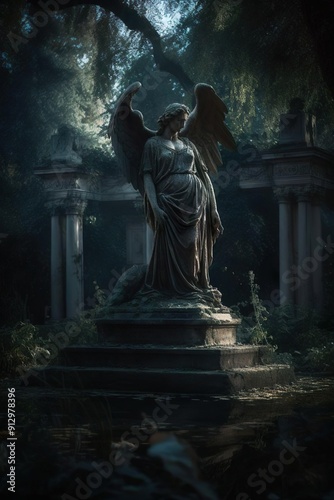 statue of an angel, in the cemetery on a cold night, appealing look, low lighting, focal light.