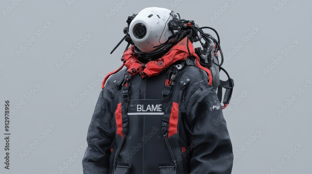 Naklejka premium Cybernetic Male Character Design, futuristic attire, intricate mechanical elements, dark urban environment, dynamic pose, striking visual narrative