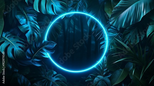 A vibrant blue neon ring illuminates a dark, mysterious tropical jungle. The glow illuminates the lush green leaves, creating a sense of depth and wonder.