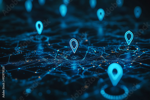 Wallpaper Mural An abstract digital background banner featuring a geotag location point surrounded by connecting data points in blue and black colors Torontodigital.ca