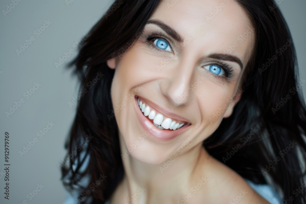 A woman with blue eyes and a smile on her face. She has a white shirt on. The woman is smiling and looking at the camera A woman with blue eyes and a smile on her face. She has a white shirt on. The woman is smiling and looking at the camera