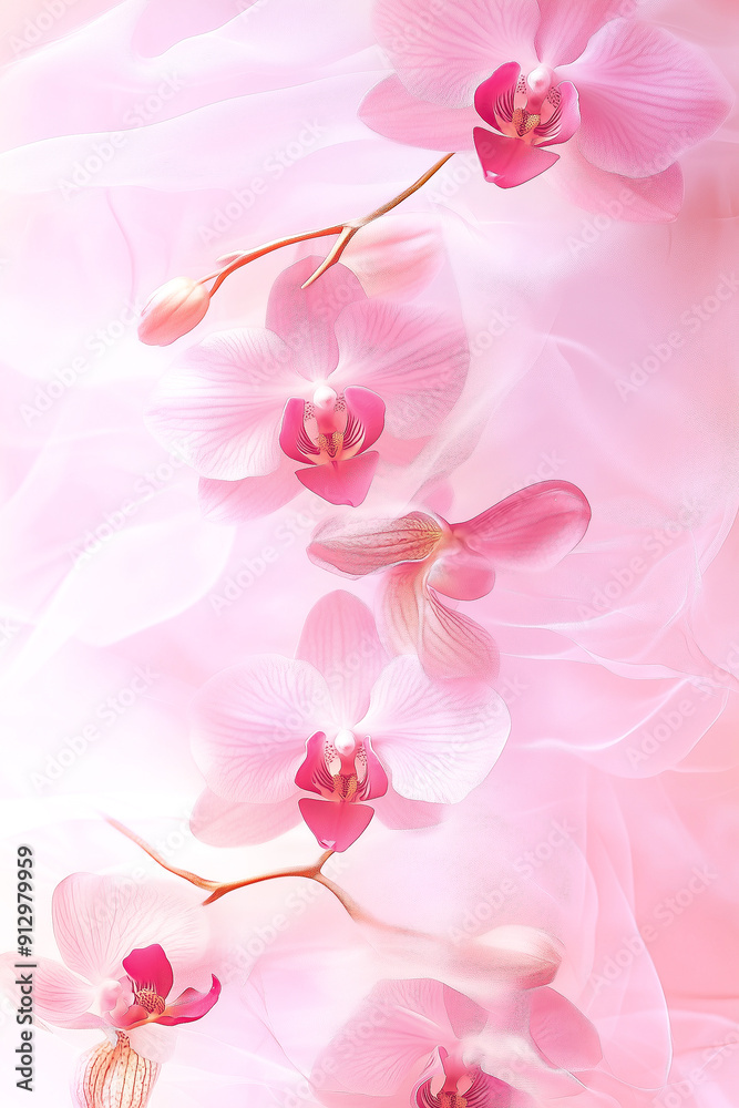Branch of pink orchids on white fabric background. Fresh beautiful orchids on silk background with copy space. Vertical floral background, postcard, cover