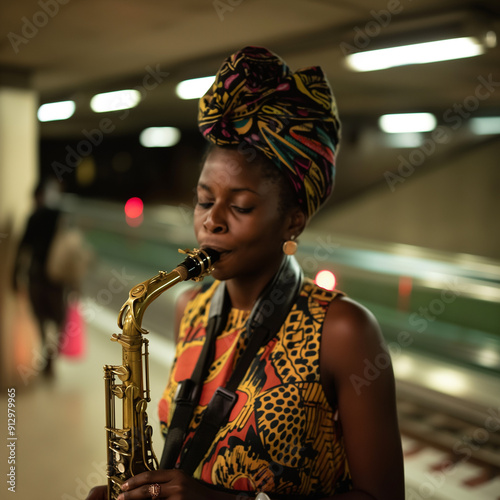 mujer tocando saxofón en el metro