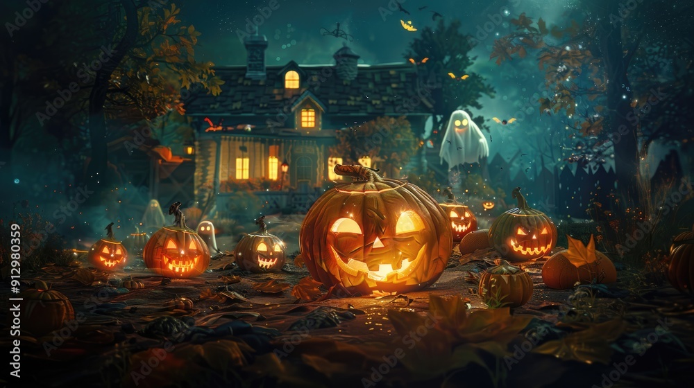Naklejka premium Halloween background with pumpkins on the background of a haunted house with ghosts.