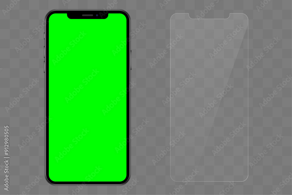 Realistic mobile phone illustation isolated on a transparent background with green chroma key screen and with protective glass. Vector illustration. Realistic mobile phone illustation isolated on a transparent background with green chroma key screen and with protective glass. Vector illustration.