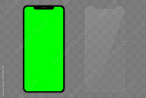 Realistic mobile phone illustation isolated on a transparent background with green chroma key screen and with protective glass. Vector illustration.