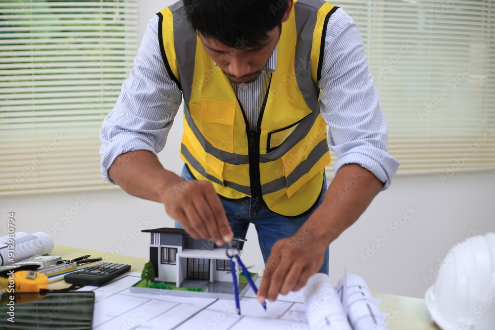 Asian architect and designer using blueprints and laptop to draw building structure in office. Construction concept, Engineering concept, Building plan, Building permit, Home architecture, Engineering Asian architect and designer using blueprints and laptop to draw building structure in office. Construction concept, Engineering concept, Building plan, Building permit, Home architecture, Engineering