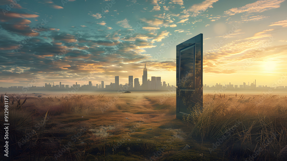 A door opening in the middle of a field showing a bustling cityscape beyond. Symbolizing new opportunities and career transitions. A door opening in the middle of a field showing a bustling cityscape beyond. Symbolizing new opportunities and career transitions.