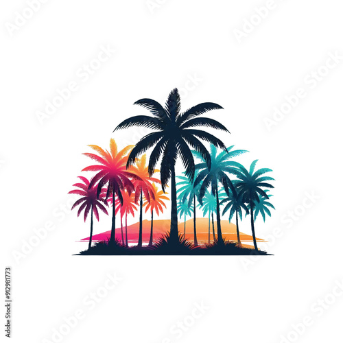 Minimalist vector illustration of a palm tree silhouette against a colorful sunset beach, Beach sunset with palm tree silhouette