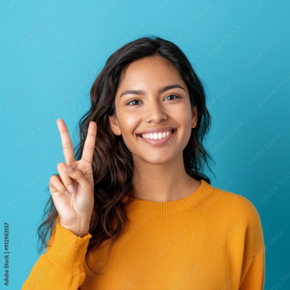Smiling woman on yellow background raising index finger up Smiling woman on yellow background raising index finger up
