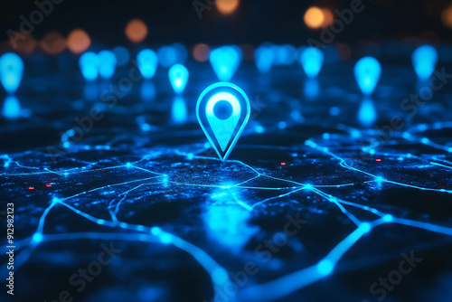 An abstract digital background banner featuring a geotag location point surrounded by connecting data points in blue and black colors. 