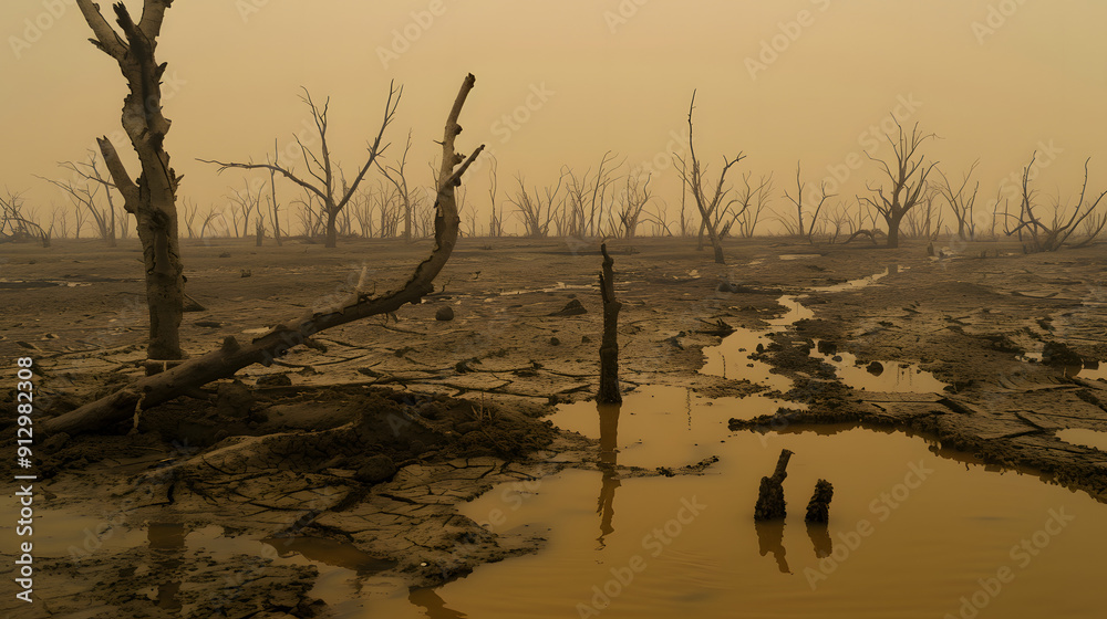 A drought-stricken savanna with withered trees and muddy waterholes in a dust-filled haze A drought-stricken savanna with withered trees and muddy waterholes in a dust-filled haze