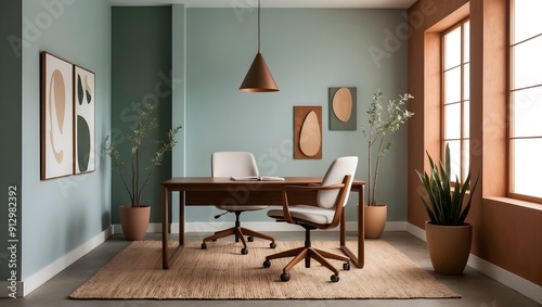 Serene Home Office with Natural Light and Minimalist Decor. Cozy Earth Tones and Green Accents