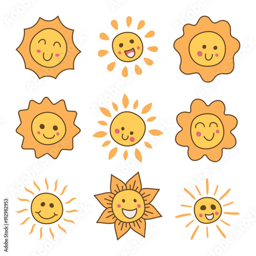 Set of cute smiling sun cartoon 