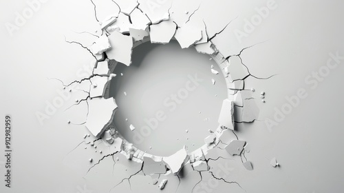 Fototapeta Naklejka Na Ścianę i Meble -  Circular Crack in White Wall, 3D Render, Abstract, Geometric, Minimalism, Broken, Wall