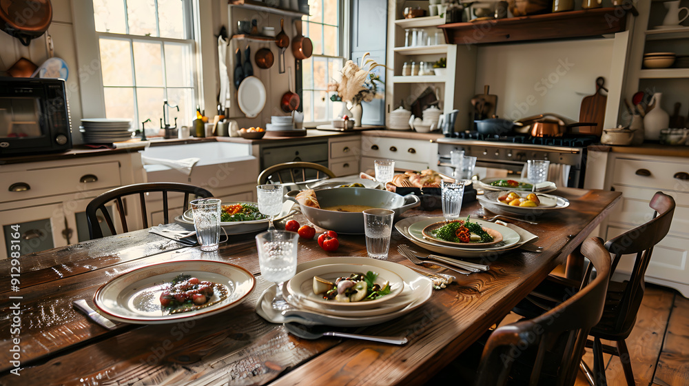 A family-style table with hearty dishes in a warm and inviting farmhouse kitchen. A family-style table with hearty dishes in a warm and inviting farmhouse kitchen.
