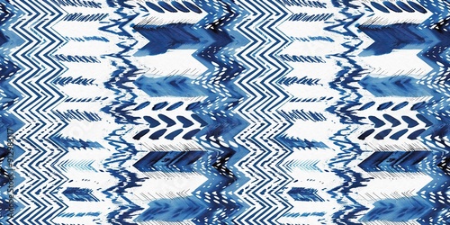 Summery ikat zig zag border pattern in painterly brushstroke digital design. Modern coastal living printed textile decor in seamless banner tape template. photo