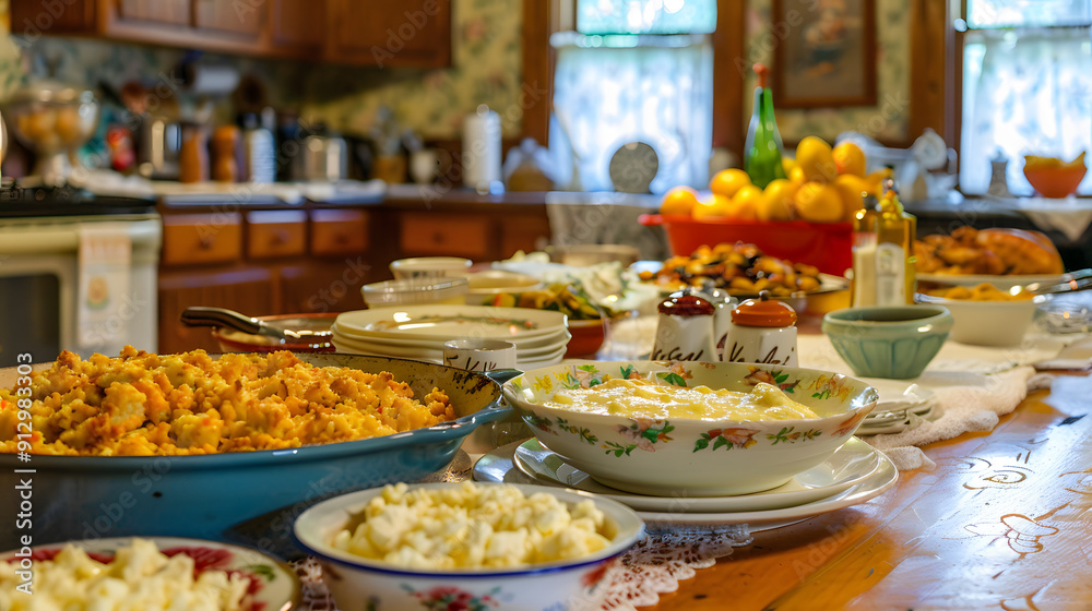 A family-style table with hearty dishes in a warm and inviting farmhouse kitchen. A family-style table with hearty dishes in a warm and inviting farmhouse kitchen.