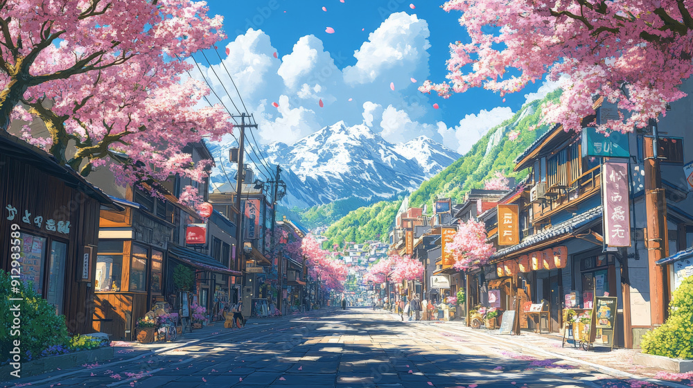 Fototapeta premium Beautiful Anime City Street in Spring