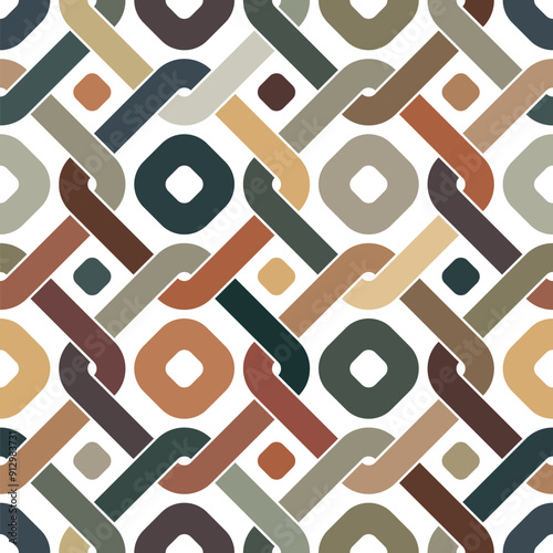 Multicolored chained square rings on a white background. Abstract geometric design in retro style. Vintage colors. Seamless repeating pattern.