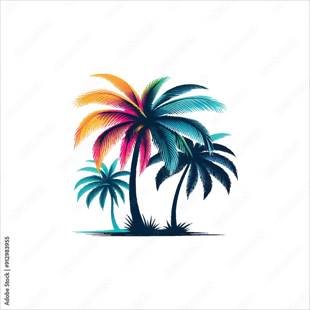 Minimalist vector illustration of a palm tree silhouette against a colorful sunset beach, Beach sunset with palm tree silhouette Minimalist vector illustration of a palm tree silhouette against a colorful sunset beach, Beach sunset with palm tree silhouette